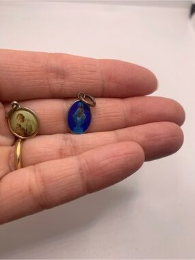 Blue Marian Religious Pendant and Christ with Child Charm Vintage